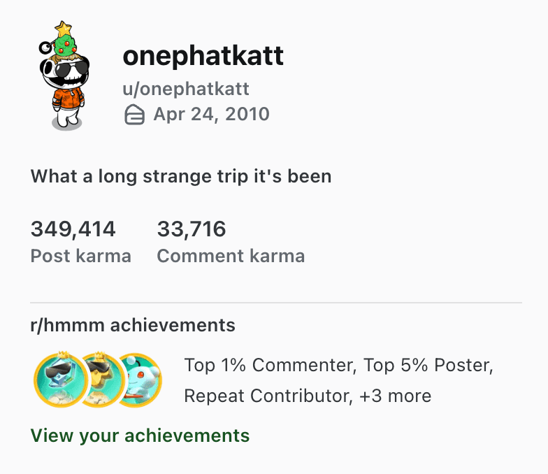 Reddit account profile showing karma and achievements